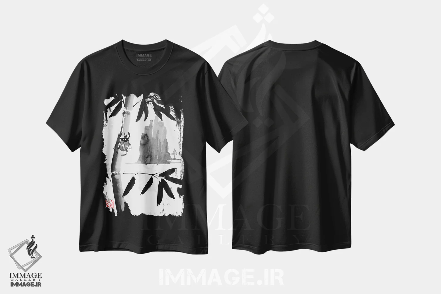 تیشرت مشکی طرح دار سوسک و کوه II، دکور آسیایی اثر پِشان | فروشگاه ایماژ