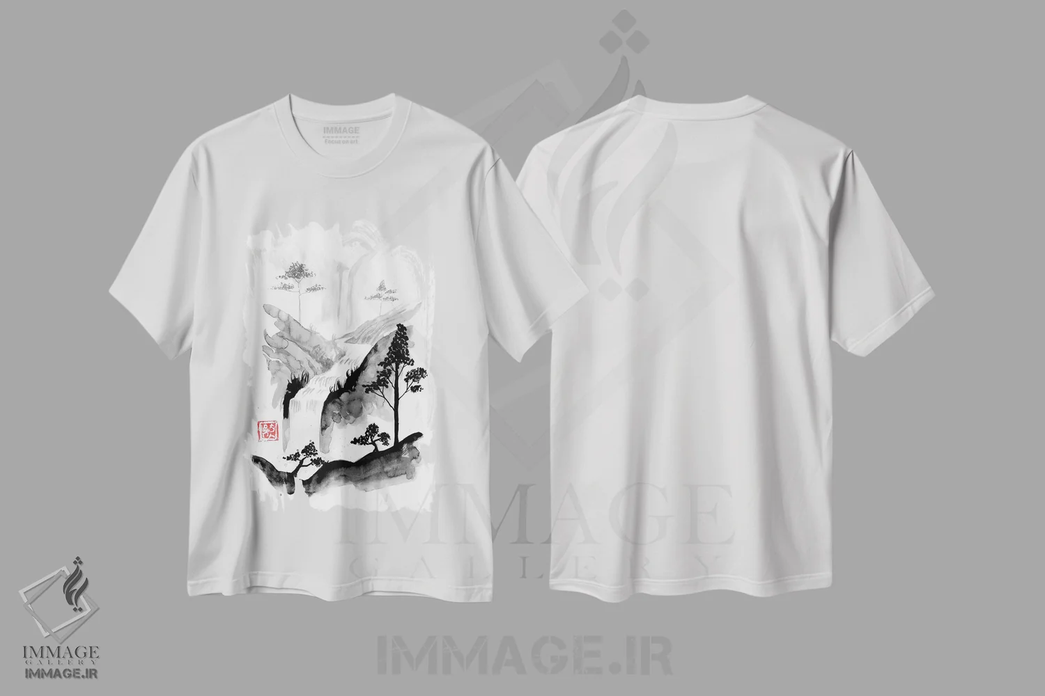 تیشرت سفید طرح دار پاییز و درختان، دکور آسیایی اثر پِشان | فروشگاه ایماژ