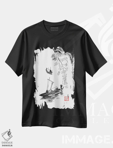 تیشرت مشکی طرح دار ماهیگیران، دکور آسیایی اثر پِشان | فروشگاه ایماژ