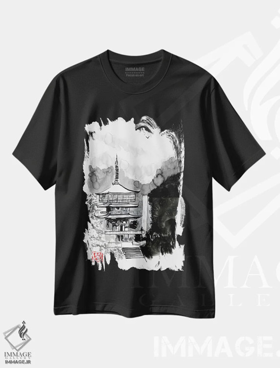 تیشرت مشکی طرح دار پاگودا و پاییز، دکور آسیایی اثر پِشان | immage.ir
