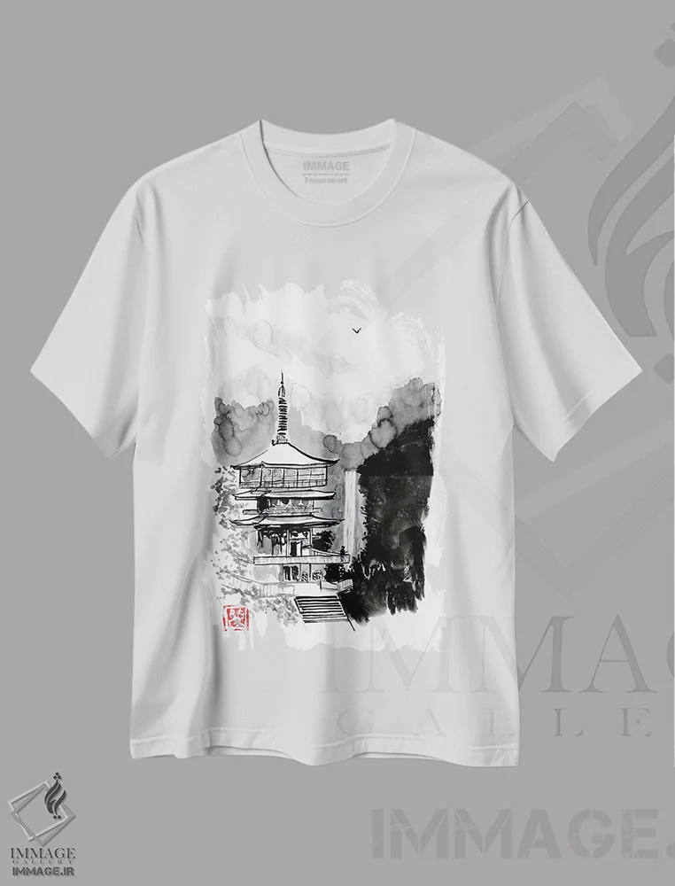 تیشرت سفید طرح دار پاگودا و پاییز، دکور آسیایی اثر پِشان | فروشگاه ایماژ