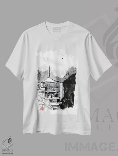 تیشرت سفید طرح دار پاگودا و پاییز، دکور آسیایی اثر پِشان | فروشگاه ایماژ