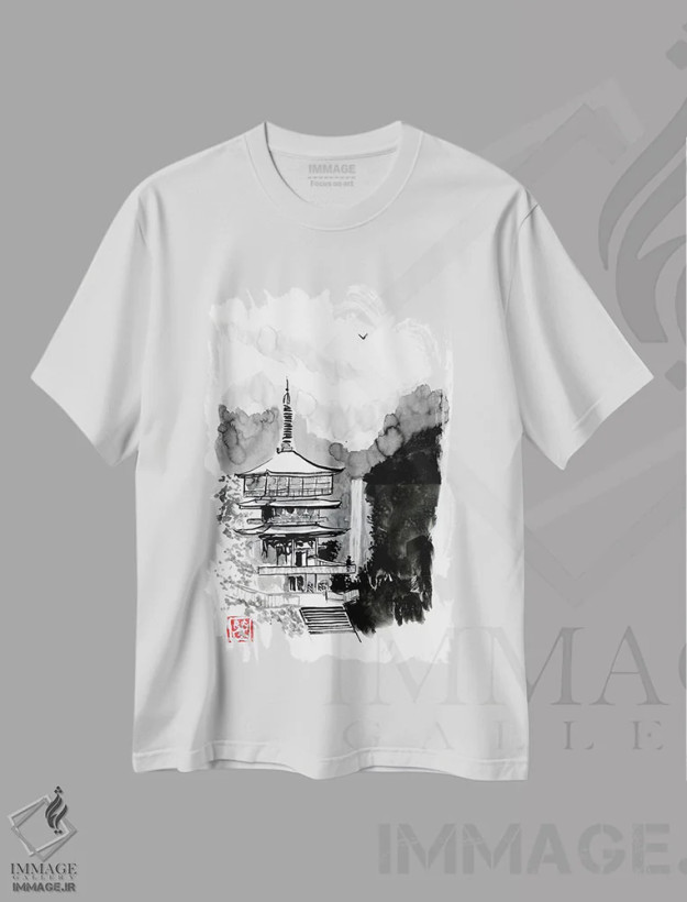 تیشرت سفید طرح دار پاگودا و پاییز، دکور آسیایی اثر پِشان | فروشگاه ایماژ