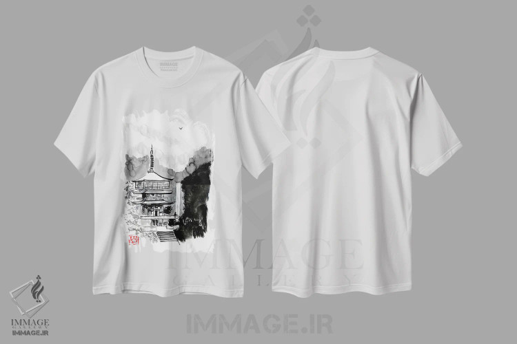 تیشرت سفید طرح دار پاگودا و پاییز، دکور آسیایی اثر پِشان | فروشگاه ایماژ