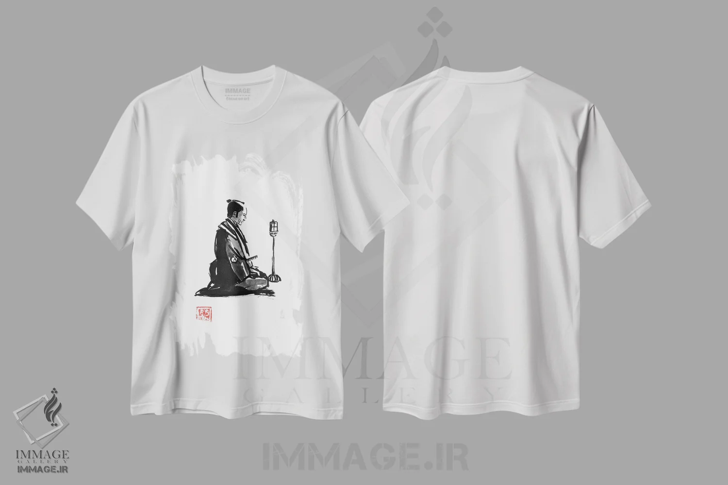 تیشرت سفید طرح دار سامورایی در حال نماز، دکور آسیایی اثر پِشان | immage.ir