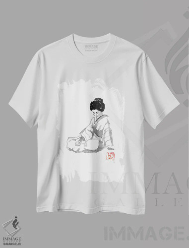 تیشرت سفید طرح دار گیشا و بادبزن، دکور آسیایی اثر پِشان | فروشگاه ایماژ