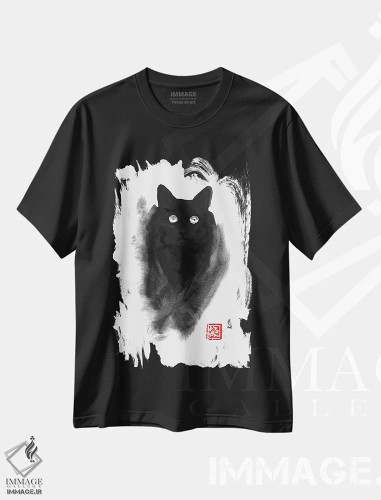 تیشرت مشکی طرح دار گربه پفی، هنر تزئینی سیاه و سفید اثر پِشان | فروشگاه ایماژ