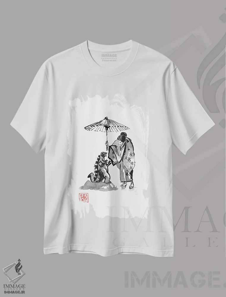 تیشرت سفید طرح دار گیشا در حال محافظت از گودزیلا کوچک، دکور آسیایی اثر پِشان | immage.ir