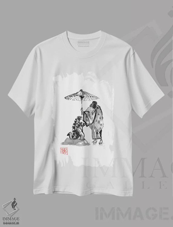 تیشرت سفید طرح دار گیشا در حال محافظت از گودزیلا کوچک، دکور آسیایی اثر پِشان | immage.ir