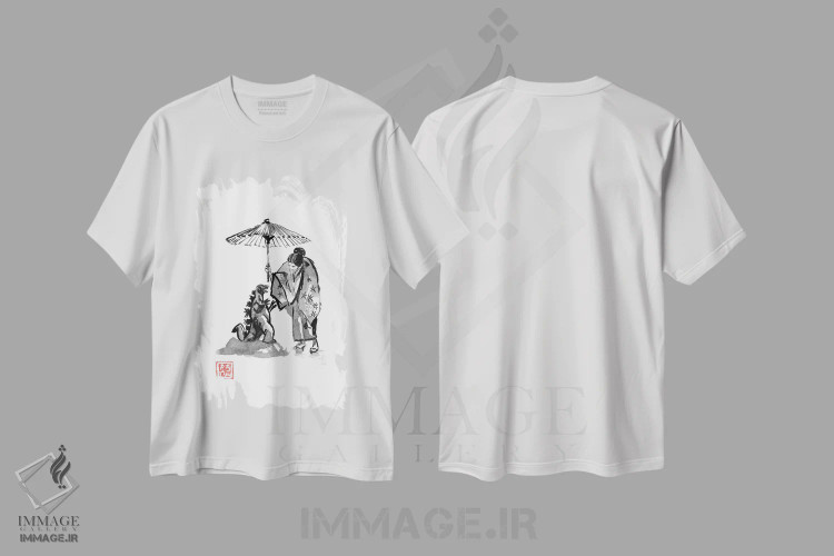 تیشرت سفید طرح دار گیشا در حال محافظت از گودزیلا کوچک، دکور آسیایی اثر پِشان | immage.ir