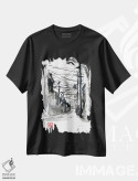 تیشرت مشکی طرح دار حمله گودزیلا، هنر تزئینی سیاه و سفید اثر پِشان | فروشگاه ایماژ