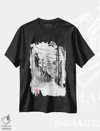 تیشرت مشکی طرح دار حمله گودزیلا، هنر تزئینی سیاه و سفید اثر پِشان | فروشگاه ایماژ