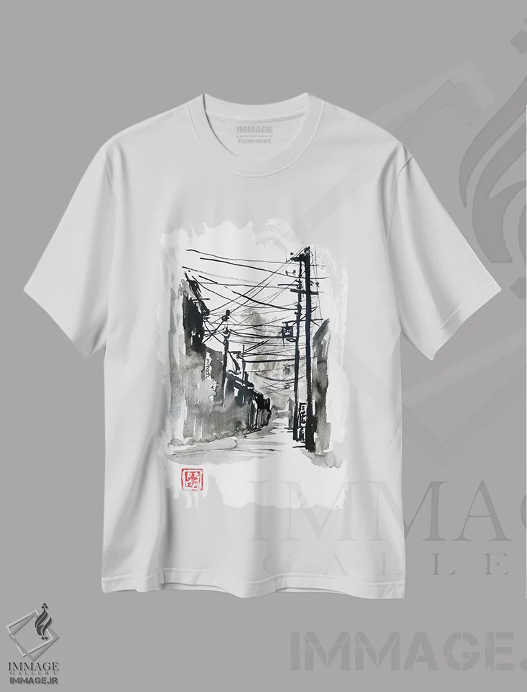 تیشرت سفید طرح دار حمله گودزیلا، هنر تزئینی سیاه و سفید اثر پِشان | immage.ir