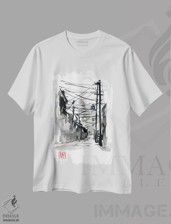 تیشرت سفید طرح دار حمله گودزیلا، هنر تزئینی سیاه و سفید اثر پِشان | immage.ir