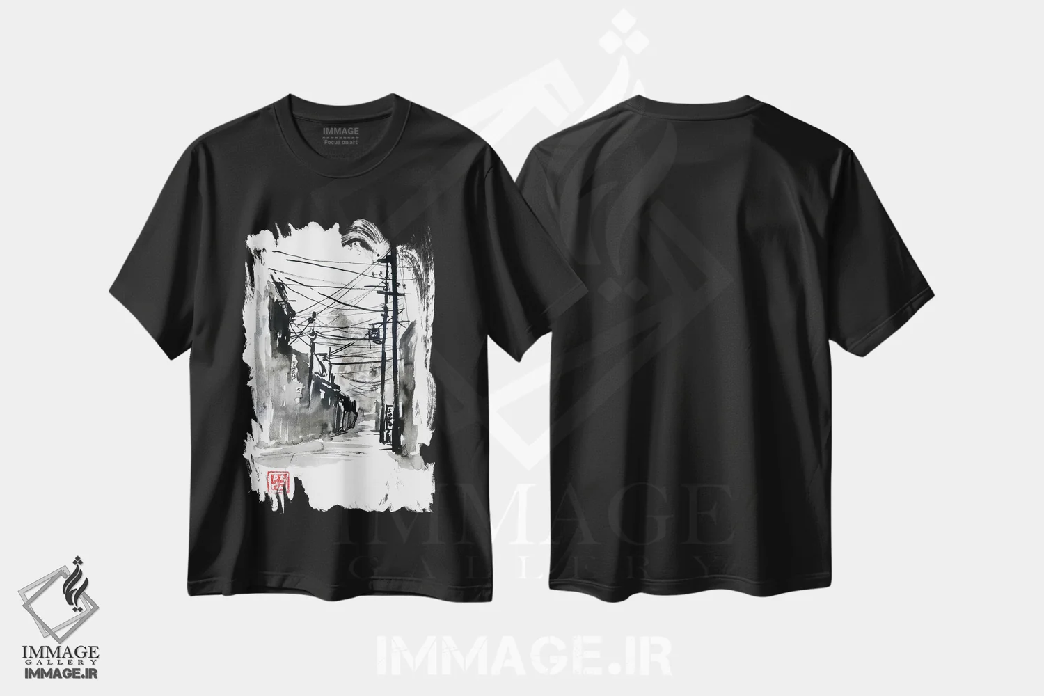 تیشرت مشکی طرح دار حمله گودزیلا، هنر تزئینی سیاه و سفید اثر پِشان | فروشگاه ایماژ