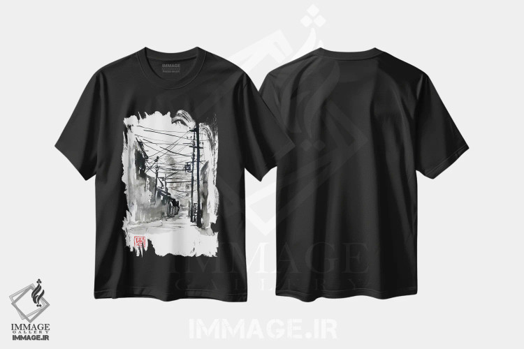 تیشرت مشکی طرح دار حمله گودزیلا، هنر تزئینی سیاه و سفید اثر پِشان | فروشگاه ایماژ