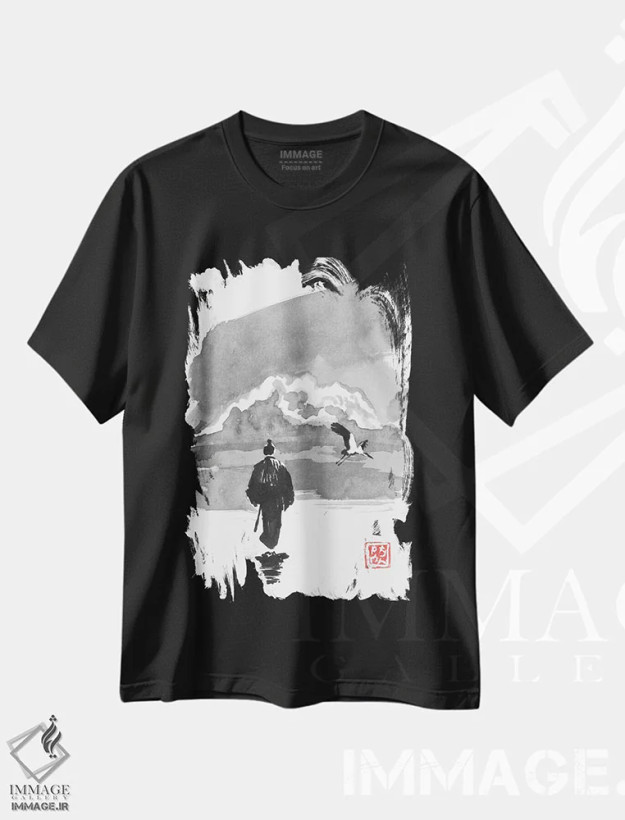 تیشرت مشکی طرح دار سامورایی و لک لک، دکور آسیایی اثر پِشان | فروشگاه ایماژ