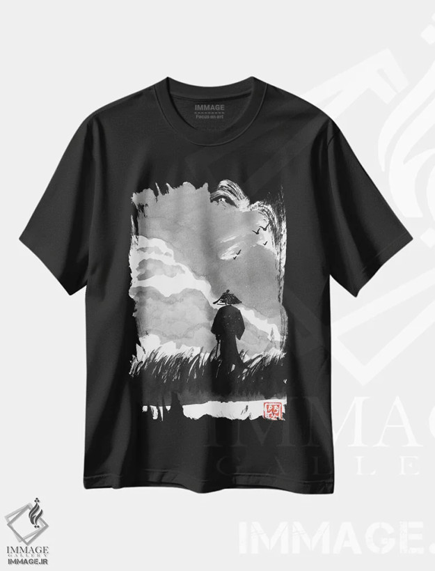 تیشرت مشکی طرح دار زائر در حال راه رفتن، دکور آسیایی اثر پِشان | فروشگاه ایماژ