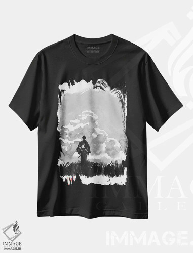 تیشرت مشکی طرح دار سامورایی در دشت، دکور آسیایی اثر پِشان | فروشگاه ایماژ
