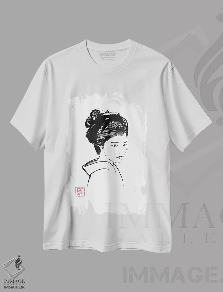 تیشرت سفید طرح دار دید گیشا، دکور آسیایی اثر پِشان | فروشگاه ایماژ