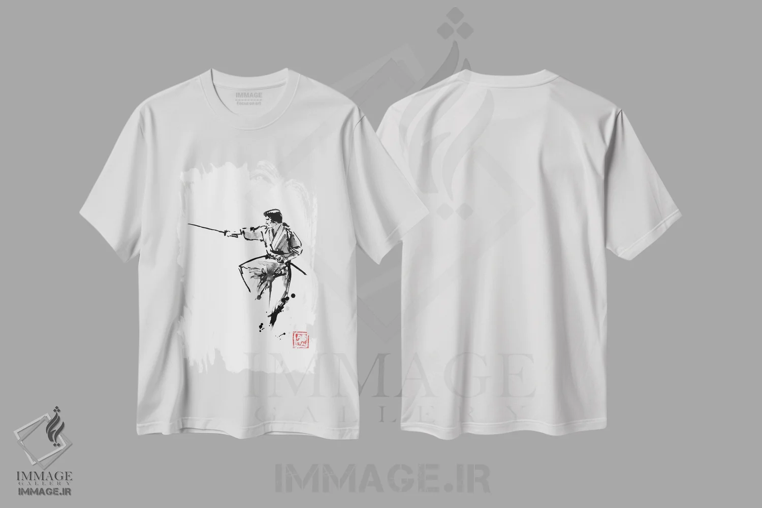تیشرت سفید طرح دار سامورایی در حال پرش، دکور آسیایی اثر پِشان | immage.ir