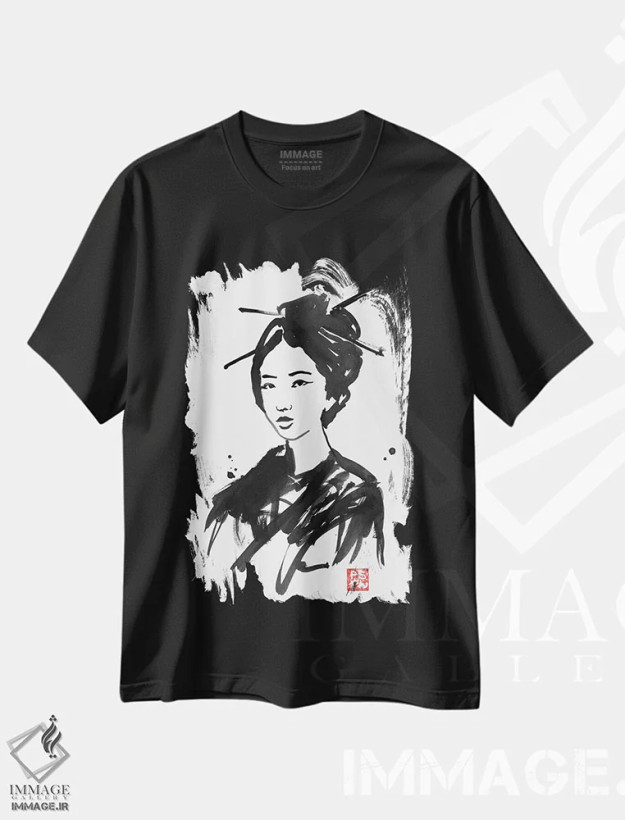 تیشرت مشکی طرح دار گیشا II، دکور آسیایی اثر پِشان | فروشگاه ایماژ