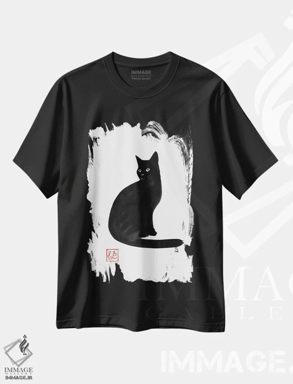 تیشرت مشکی طرح دار گربه سیاه، تزئینی اثر پِشان | فروشگاه ایماژ