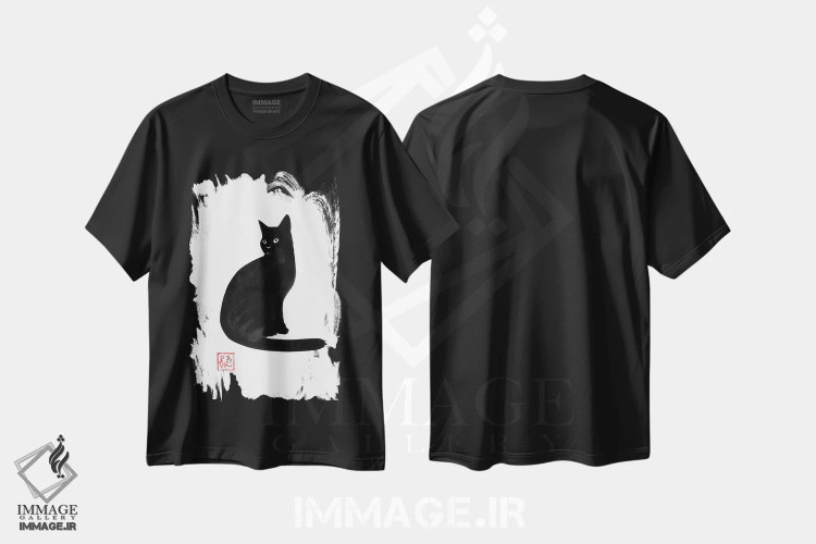 تیشرت مشکی طرح دار گربه سیاه، تزئینی اثر پِشان | فروشگاه ایماژ