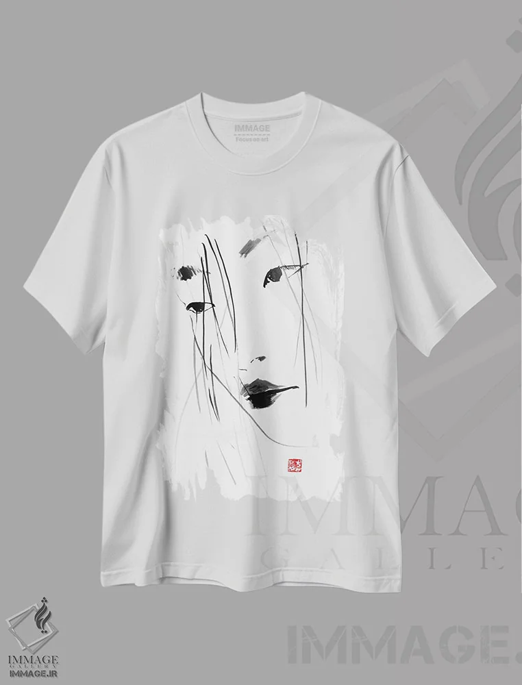 تیشرت سفید طرح دار موی گیشا، دکور آسیایی اثر پِشان | فروشگاه ایماژ