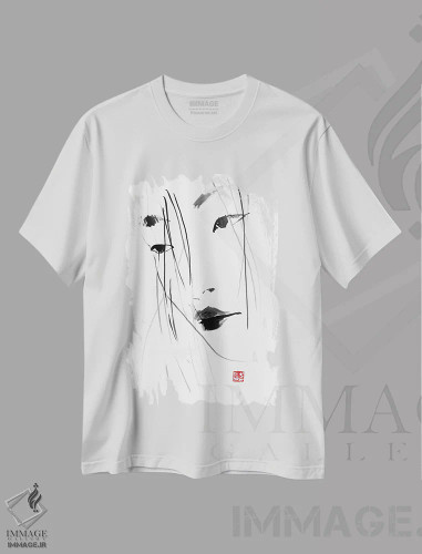 تیشرت سفید طرح دار موی گیشا، دکور آسیایی اثر پِشان | فروشگاه ایماژ