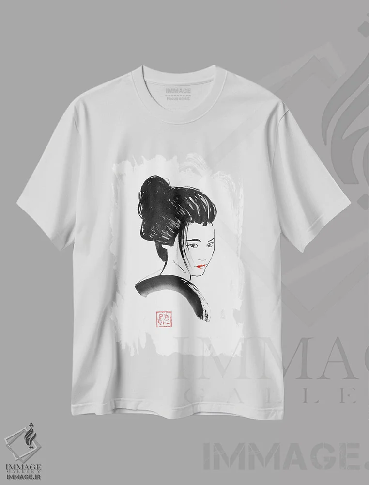 تیشرت سفید طرح دار گیشا با لب های قرمز، دکور آسیایی اثر پِشان | immage.ir