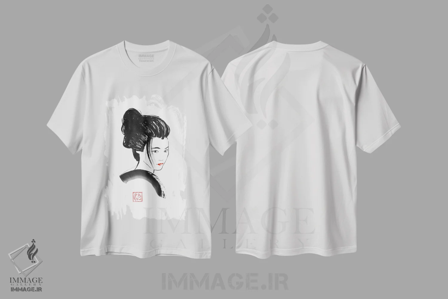 تیشرت سفید طرح دار گیشا با لب های قرمز، دکور آسیایی اثر پِشان | immage.ir