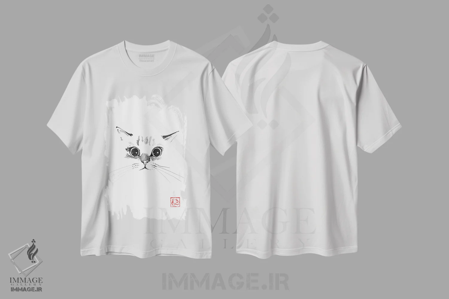 تیشرت سفید طرح دار گربه با چشم های بزرگ، مدیوم اثر پِشان | immage.ir