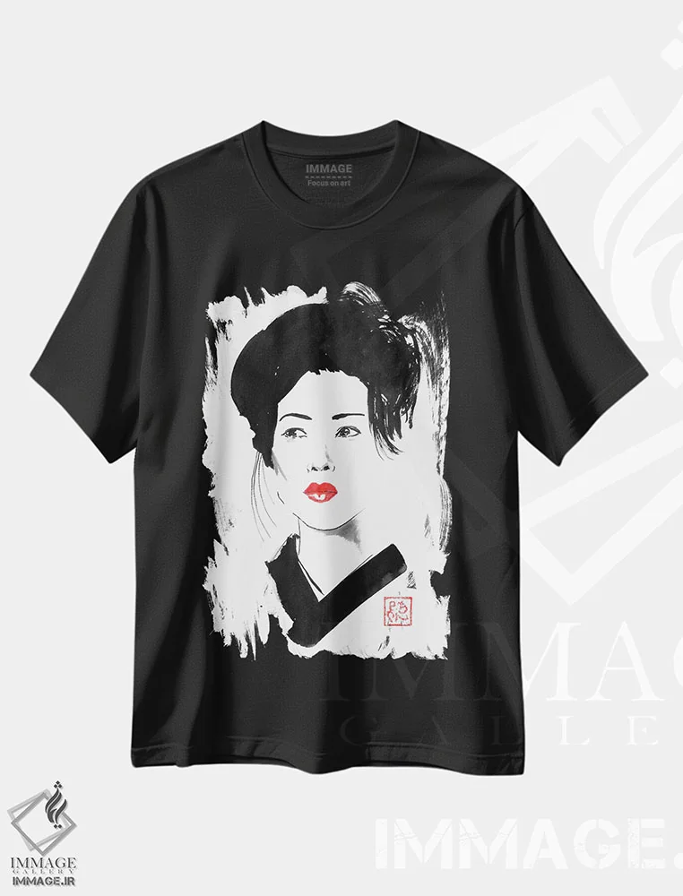 تیشرت مشکی طرح دار گیشای خانم، دکور آسیایی اثر پِشان | فروشگاه ایماژ