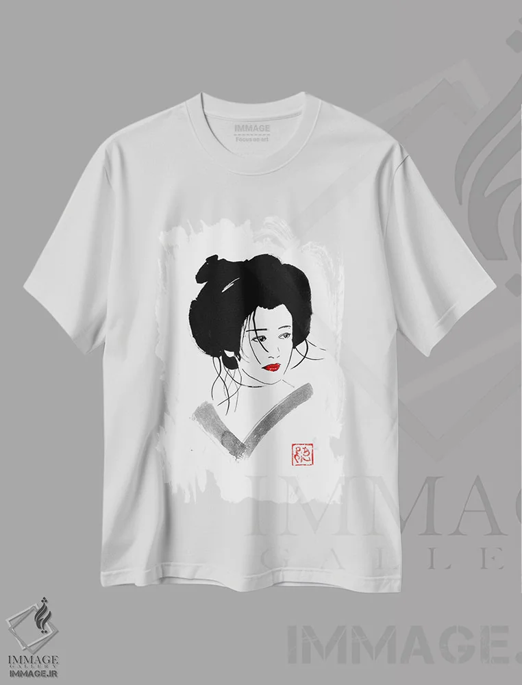 تیشرت سفید طرح دار گیشای شانه نکرده، دکور آسیایی اثر پِشان | فروشگاه ایماژ