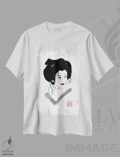 تیشرت سفید طرح دار گیشای شانه نکرده، دکور آسیایی اثر پِشان | فروشگاه ایماژ