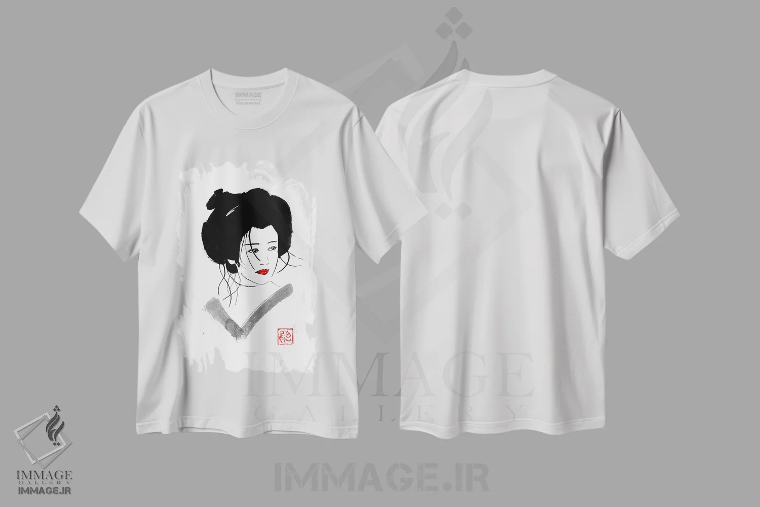 تیشرت سفید طرح دار گیشای شانه نکرده، دکور آسیایی اثر پِشان | فروشگاه ایماژ