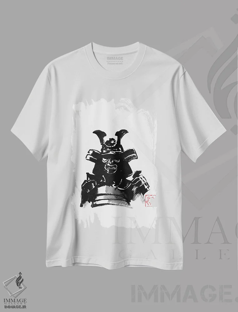 تیشرت سفید طرح دار زره پوش سامورایی، دکور آسیایی اثر پِشان | فروشگاه ایماژ