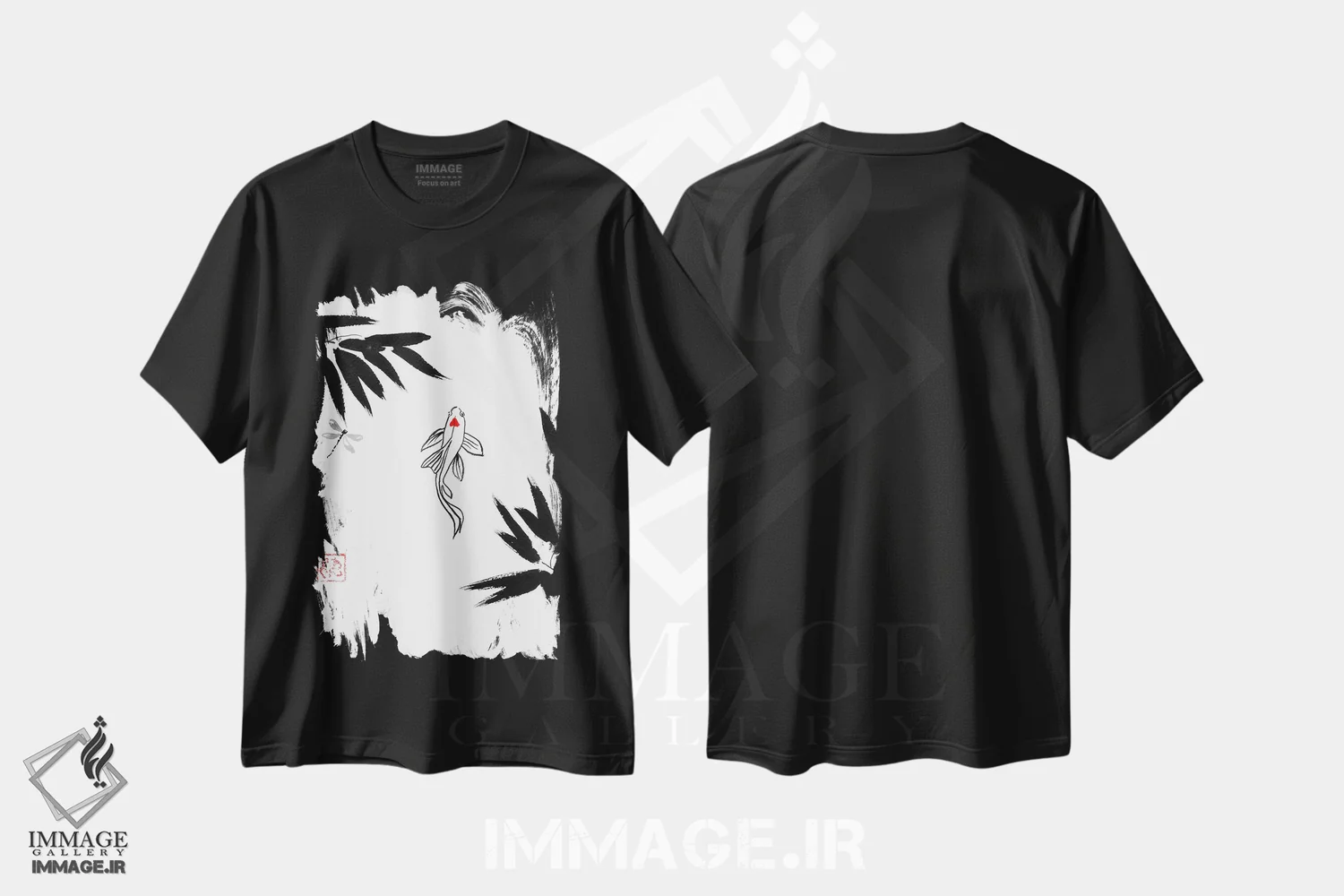 تیشرت مشکی طرح دار کوی در آب، دکور آسیایی اثر پِشان | فروشگاه ایماژ
