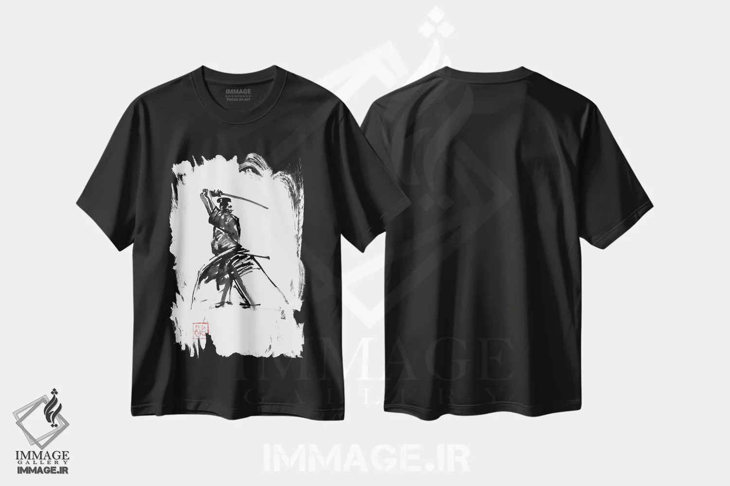 تیشرت مشکی طرح دار سامورایی در نگهبانی، دکور آسیایی اثر پِشان | فروشگاه ایماژ