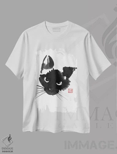 تیشرت سفید طرح دار گربه سیامی بدخلق، هنر تزئینی سیاه و سفید اثر پِشان | فروشگاه ایماژ