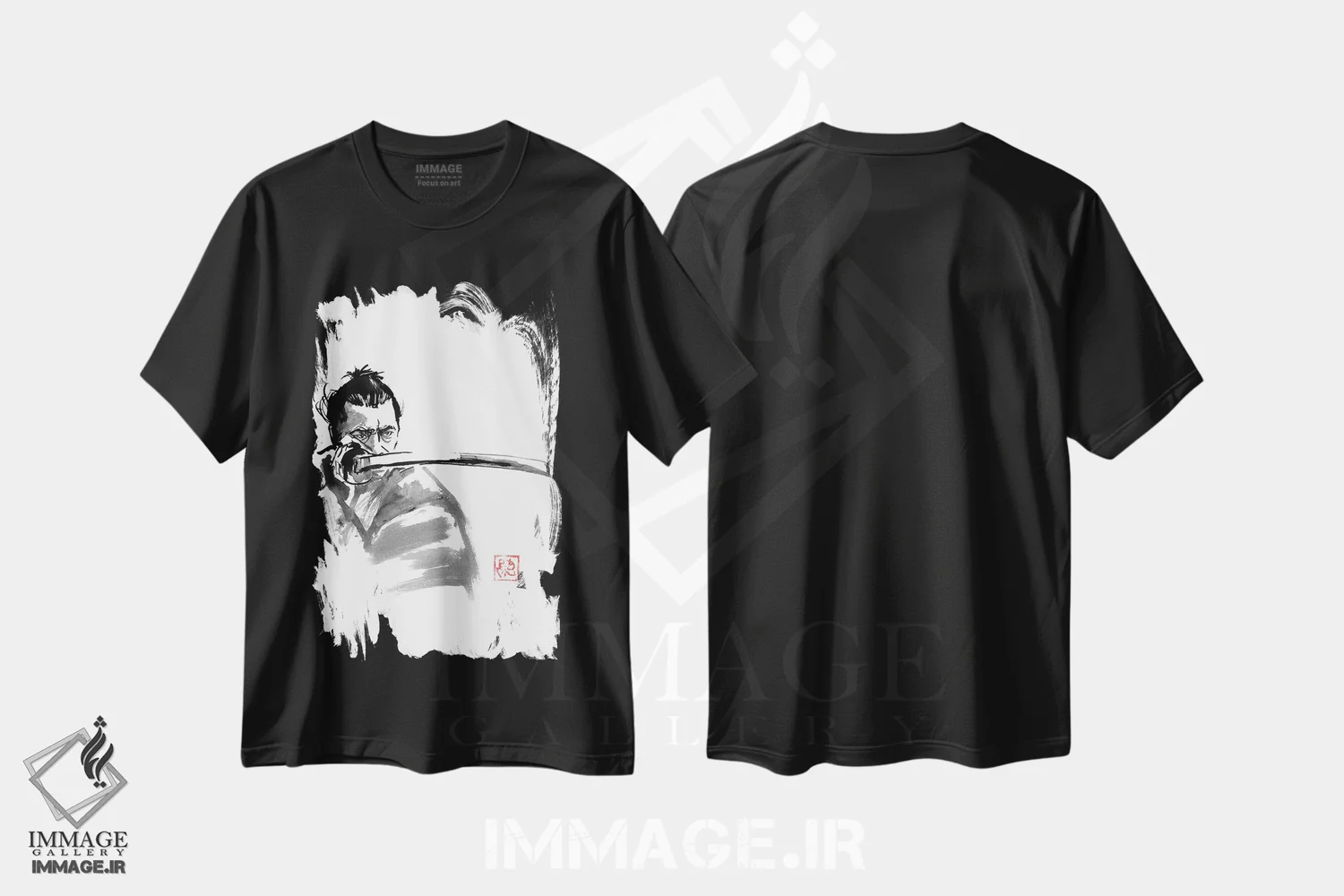 تیشرت مشکی طرح دار سامورایی در نگهبانی II، دکور آسیایی اثر پِشان | فروشگاه ایماژ