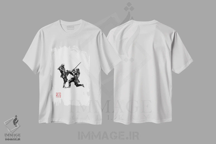 تیشرت سفید طرح دار نبرد سامورایی، دکور آسیایی اثر پِشان | فروشگاه ایماژ