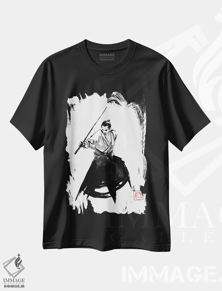 تیشرت مشکی طرح دار نبرد آغاز شد، دکور آسیایی اثر پِشان | فروشگاه ایماژ