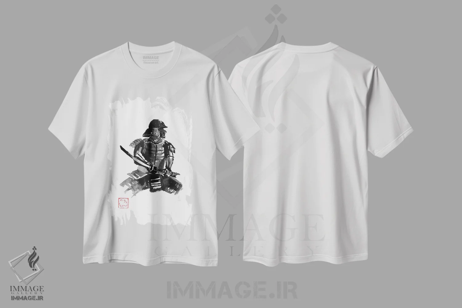 تیشرت سفید طرح دار سامورایی در زره، دکور آسیایی اثر پِشان | فروشگاه ایماژ