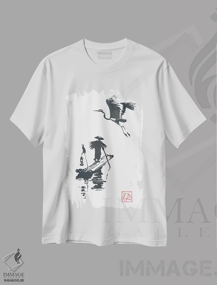 تیشرت سفید طرح دار ماهیگیر و لک لک، دکور آسیایی اثر پِشان | فروشگاه ایماژ