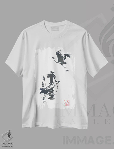تیشرت سفید طرح دار ماهیگیر و لک لک، دکور آسیایی اثر پِشان | فروشگاه ایماژ