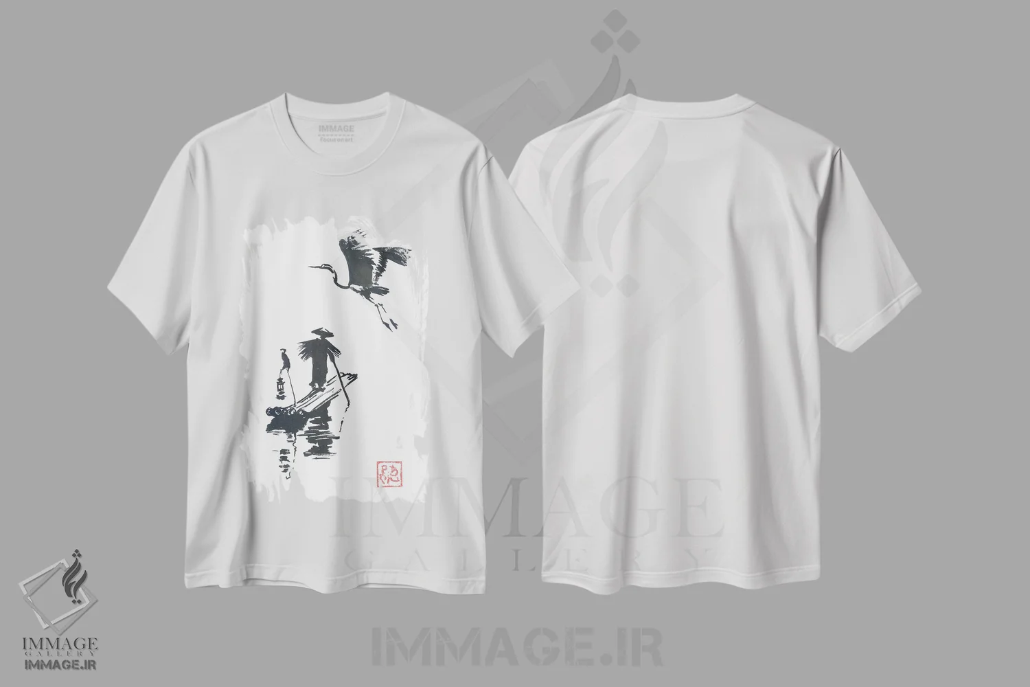 تیشرت سفید طرح دار ماهیگیر و لک لک، دکور آسیایی اثر پِشان | فروشگاه ایماژ