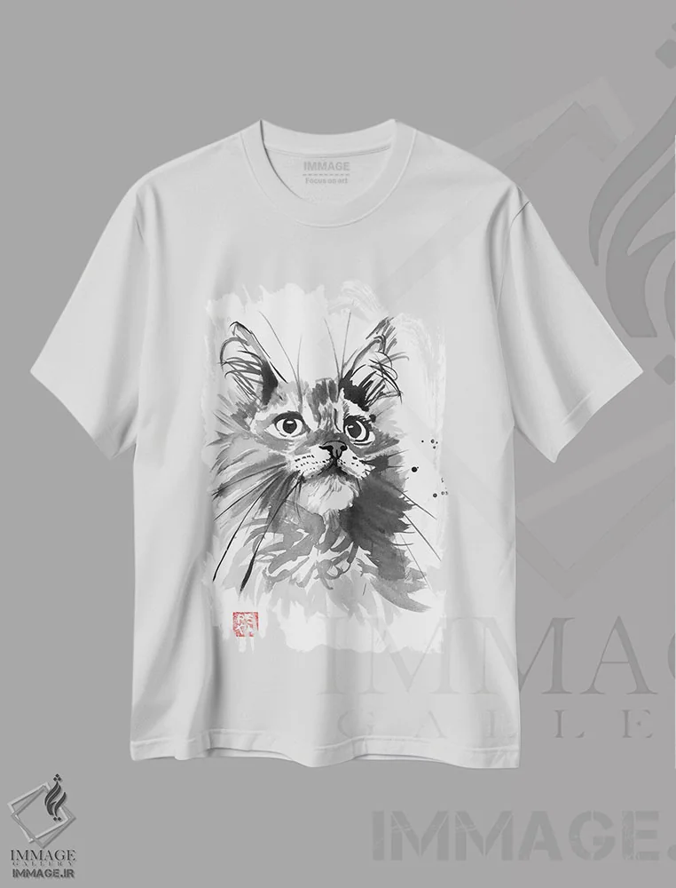 تیشرت سفید طرح دار گربه پشمالو، هنر تزئینی سیاه و سفید اثر پِشان | فروشگاه ایماژ