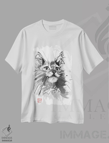 تیشرت سفید طرح دار گربه پشمالو، هنر تزئینی سیاه و سفید اثر پِشان | فروشگاه ایماژ